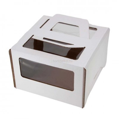 К159 Коробка для торта с ручкой и окном, белая, 220*220*150мм