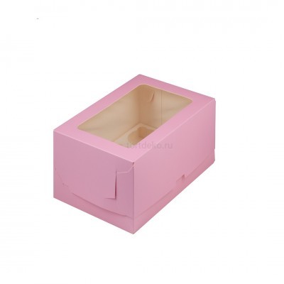 К22/3 Коробка на 6 капкейков с прямоугольным окном, розовая, 235*160*100 мм