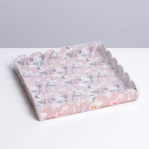 Коробка для кондитерских изделий с PVC крышкой «Цветы», 21 × 21 × 3 см   