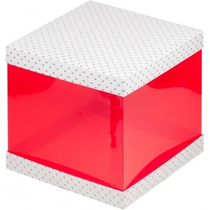 Коробка для торта 235*235*220мм, с красными прозрачными стенками, белая с птичками