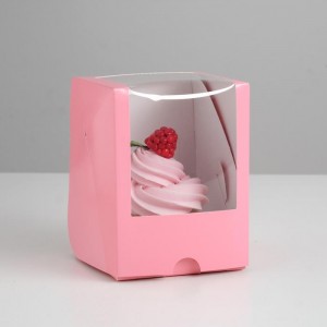 Коробка на 1 капкейк с окном, розовая, 125*95*95 мм
