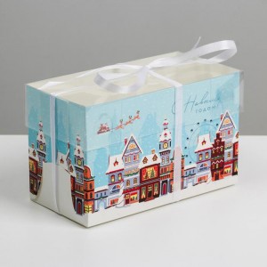 Коробка на 2 капкейка с пластиковой крышкой «Праздник» (С Новым Годом!), 16 × 8 × 10 см   
