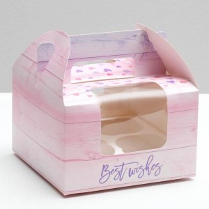 Коробка на 4 капкейка с окном "Best wishes" розовая, 160*160*100 мм