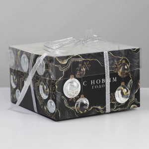 Коробка на 4 капкейка с пластиковой крышкой «Gold» (С Новым Годом!), 16 × 16 × 10 см     