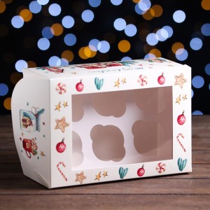 Коробка на 6 капкейков с окном «Merry Christmas» (Рождественский домик),  25 х 17 х 10 см 