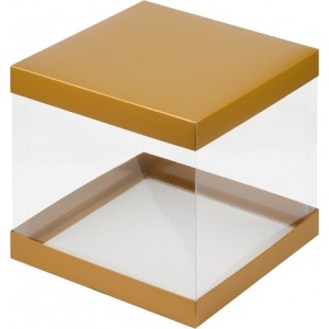 Коробка под торт с прозрачными стенками, золото матовая, 235*235*220мм