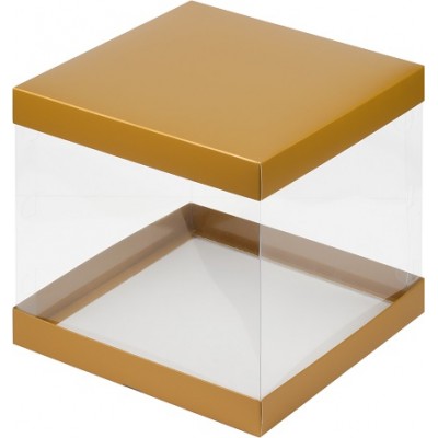 Коробка под торт с прозрачными стенками, золото матовая, 235*235*220мм