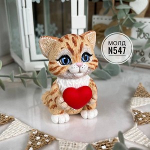 Молд силиконовый 3D "Котик с сердцем №547", высота 70 мм