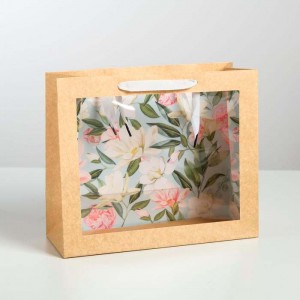 Пакет крафтовый с pvc окном «Цветы», 31 х 26 х 11 см   