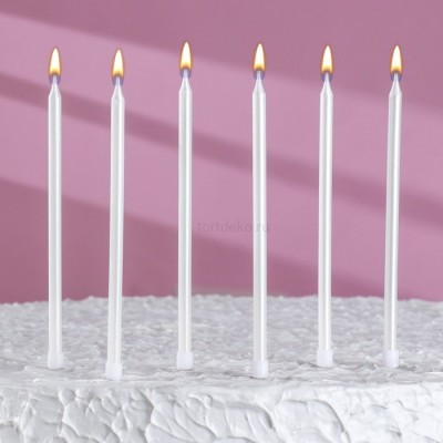 Свечи в торт "Металлик", 6 шт, высокие, 13 см, жемчужные