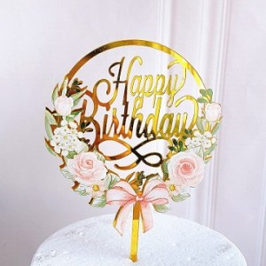 Топпер акриловый «Happy Birthday» с цветами и бантом
