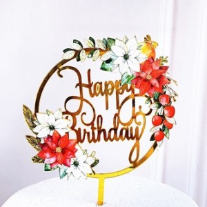 Топпер акриловый «Happy Birthday» с цветами (красные и белые)