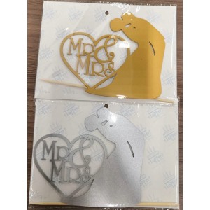 Топпер пластиковый "Mr & Mrs" в сердце (золото/серебро)