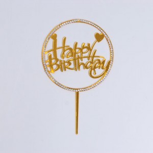 Топпер "Happy Birthday" круг со стразами и сердцем (золото)