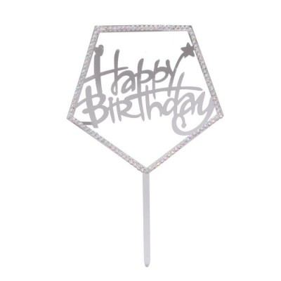 Топпер "Happy Birthday" со стразами (серебро) 