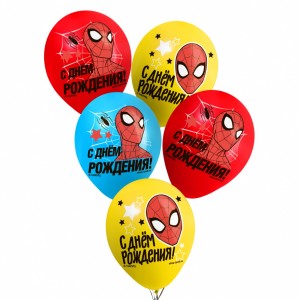 Воздушные шары цветные "С Днем Рождения", Человек-паук, 30 см (набор 5 шт)      